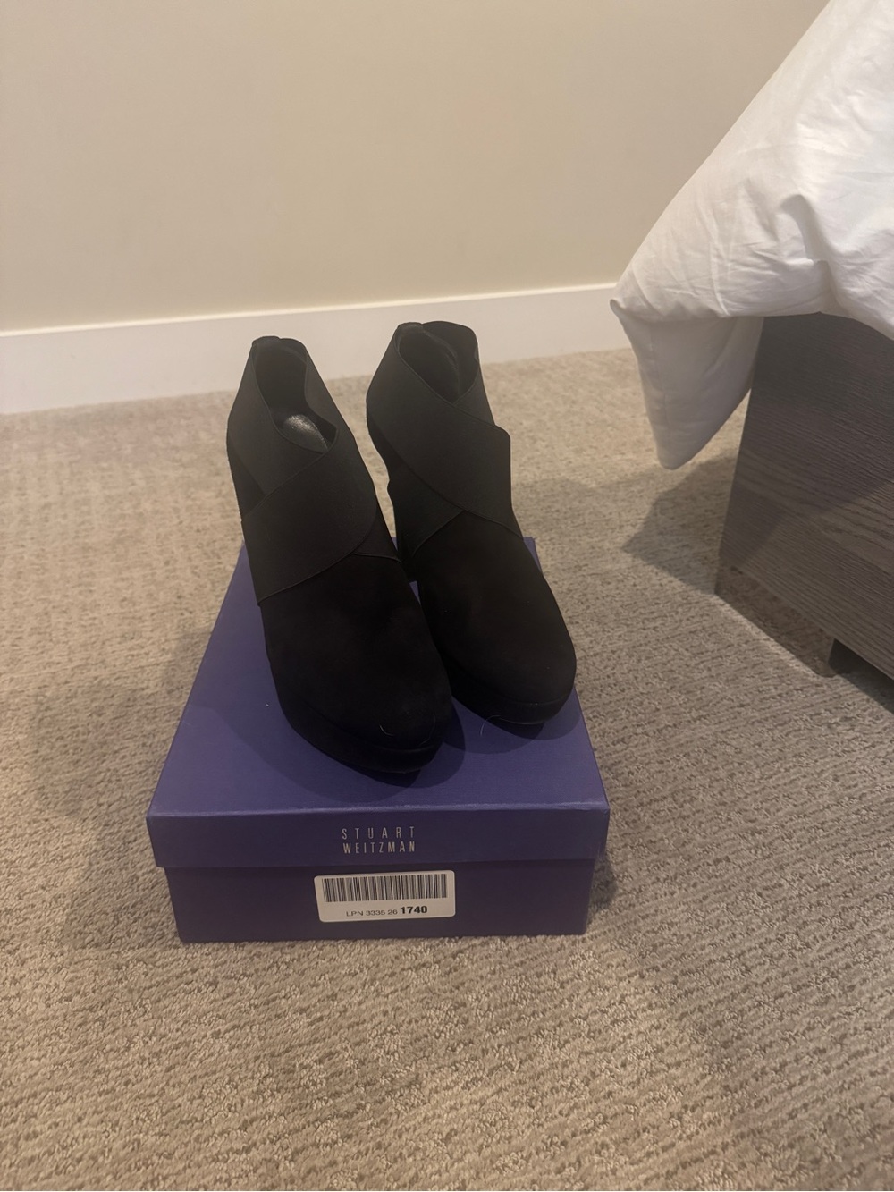 Stuart Weitzman Black Suede Crisscross Booties with Platform Heel